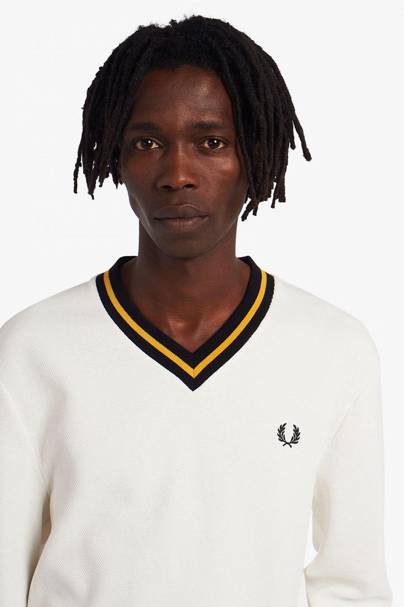 White Fred Perry Tipped Piqué Textured Jumper Men's Knitwear | PH 1327GSOL